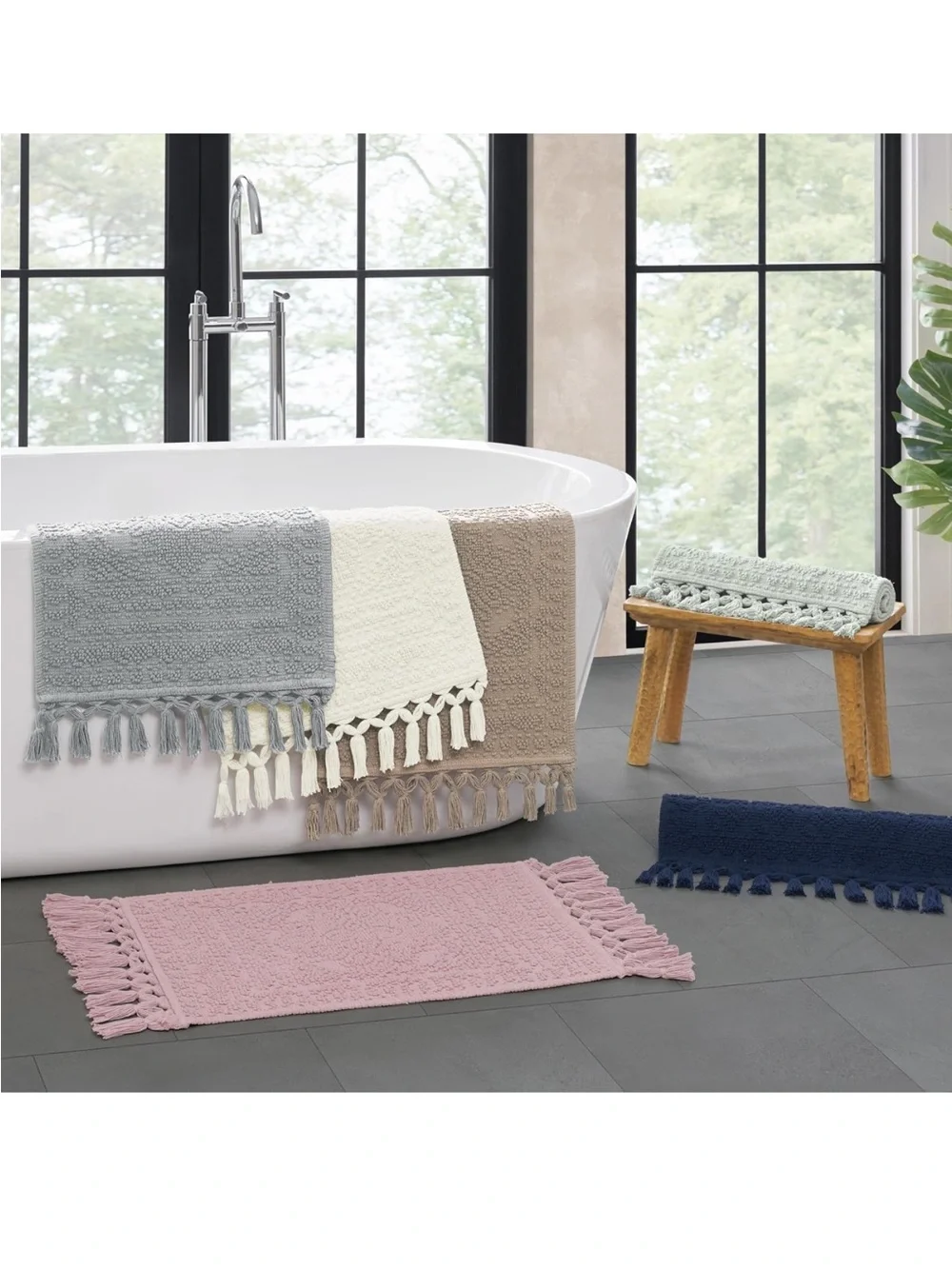 NEW French Connection Nellore Bathroom Rugs, Woven and Beaded 100% Cotton Mat